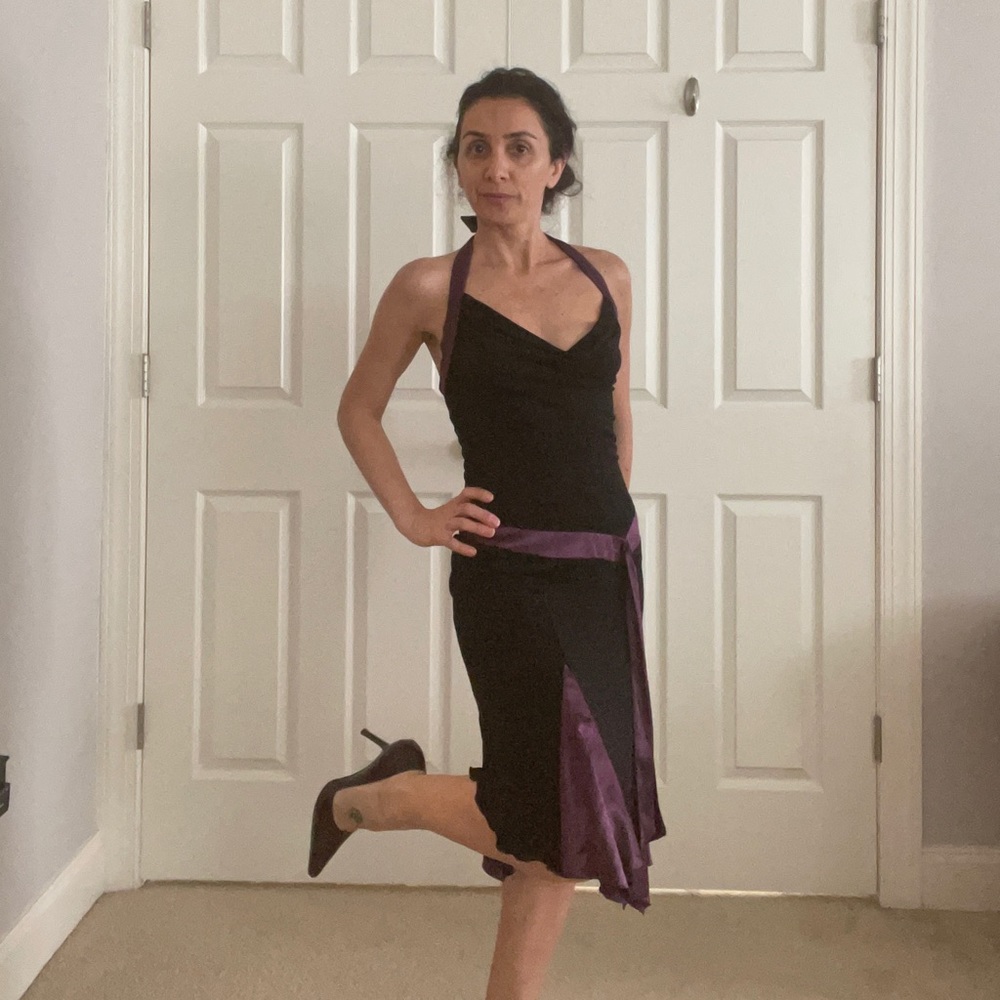 Bebe Halter Dress in Black and Satin Purple
